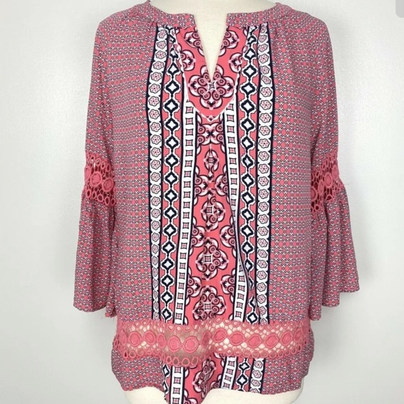 crown & ivy Tops - Crown & Ivy Womens Peasant Crochet Insert Bell Sleeve Blouse PXL Coral Shirt Top